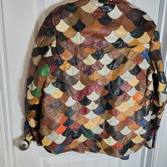 Vintage Korean Multicolor Leather Fish Scale Patchwork Jacket Womens L - Picture 14 of 16